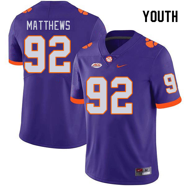 Youth #92 Levi Matthews Clemson Tigers College Football Jerseys Stitched-Purple - Click Image to Close